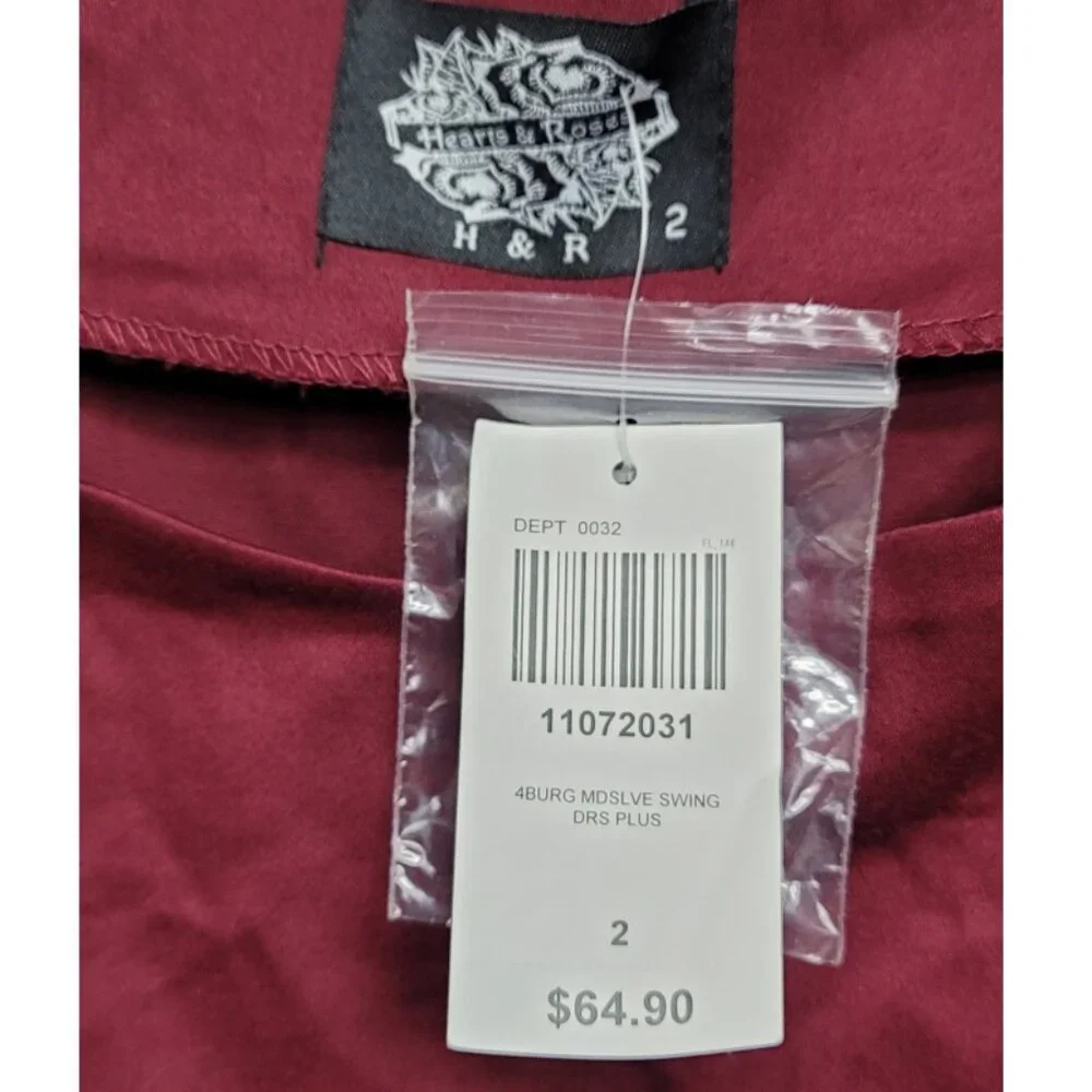 Hearts & Roses Burgundy Lace Sleeve Retro Swing Dress 2 2X 18 20 - Picture 7 of 9